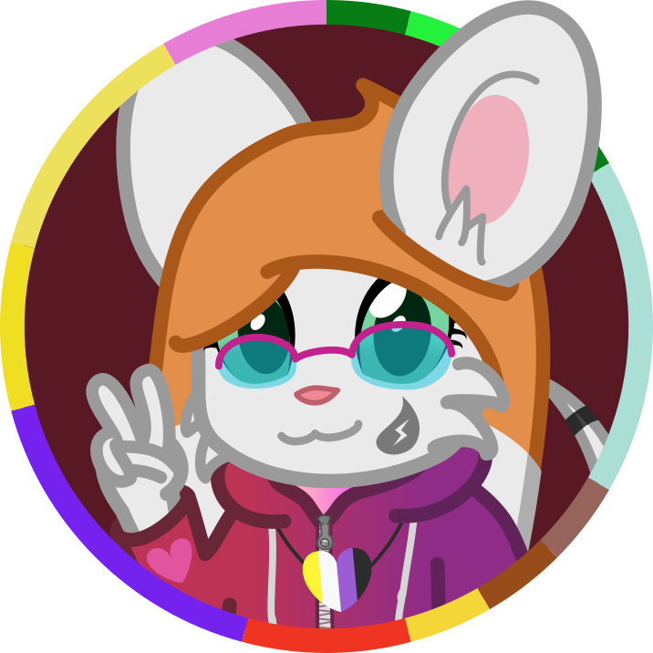 An image of Jenny, a ginger mouse wearing glasses and a hoodie, with a tear-shaped marking on her face, she's holding up the V sign.